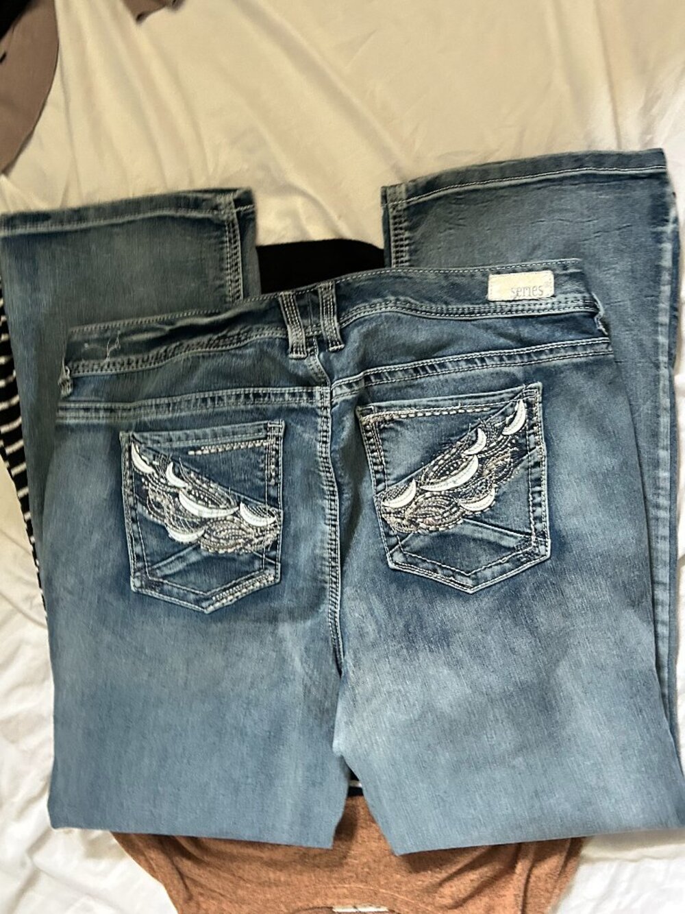 size 16 blue denim pants jeans womens stretch fancy butt detail sixteen